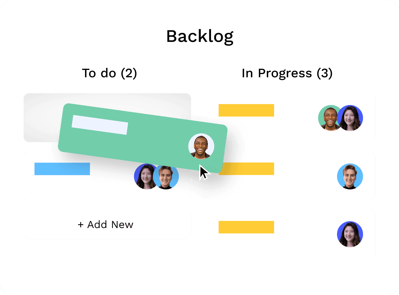 Backlog kanban board mockup showing a structured product curriculum