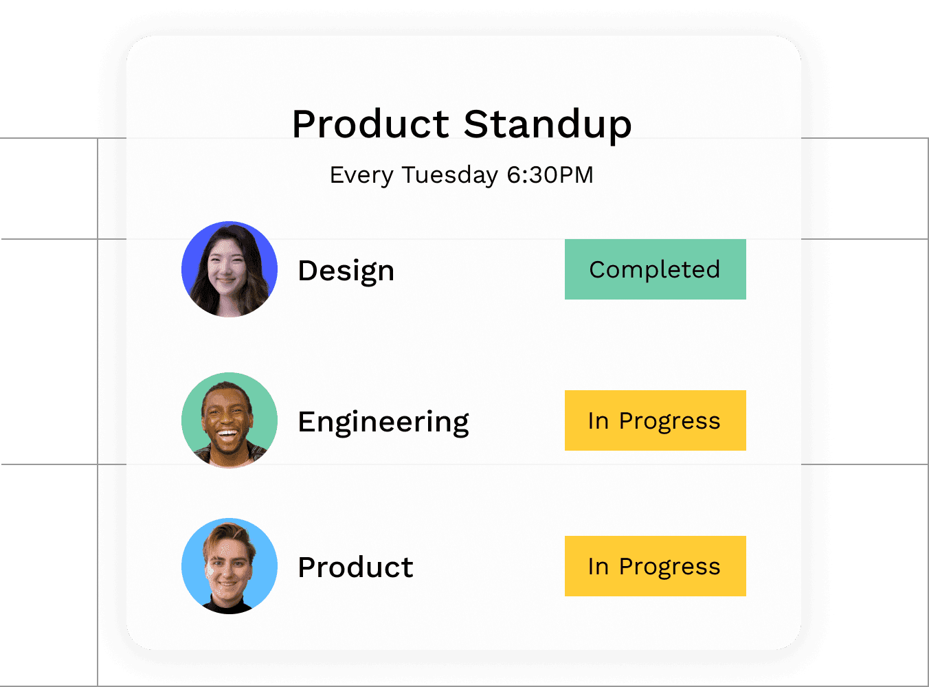 Product Standup mockup showing a team collaborating on a project