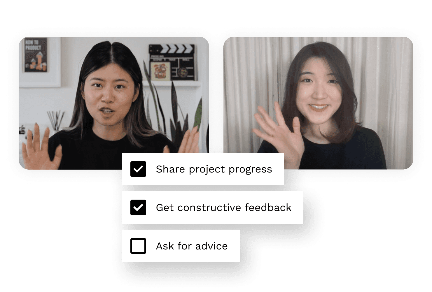 Video call with a product mentor alongside a floating feedback checklist